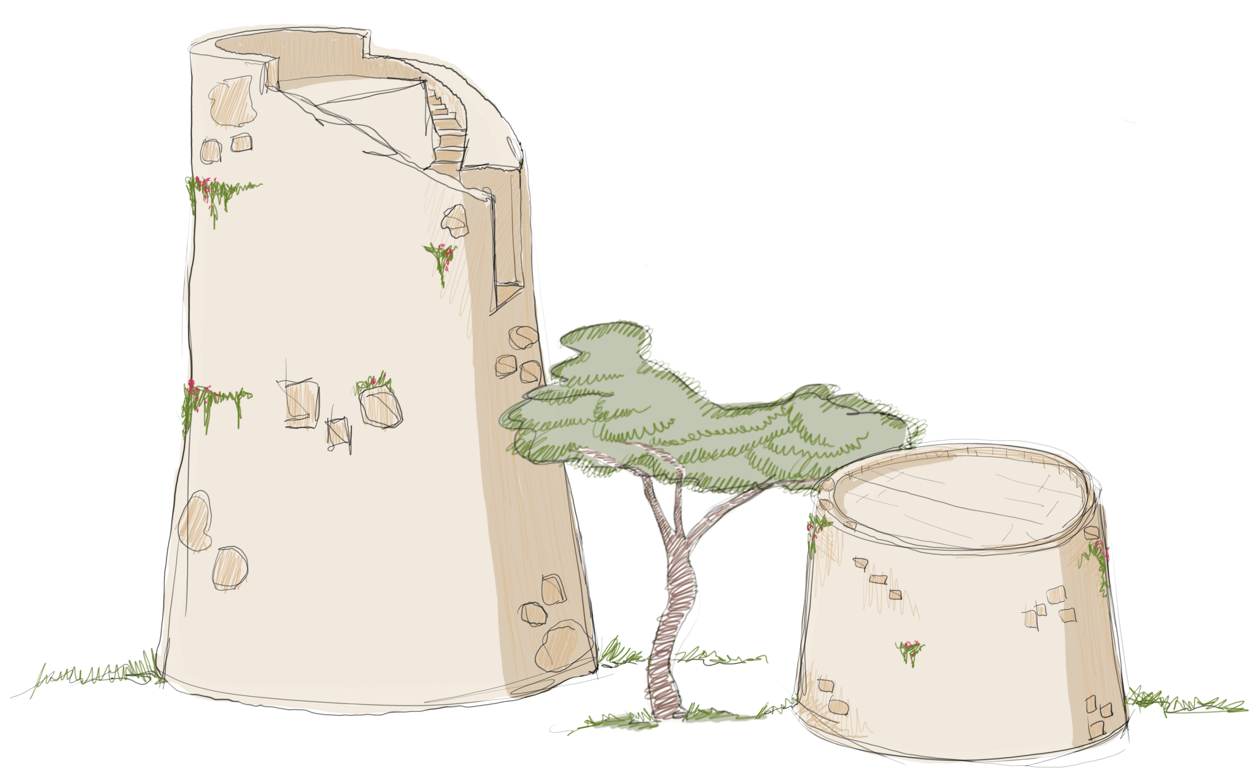 Sketched image of the towers at Cala dei Balcani